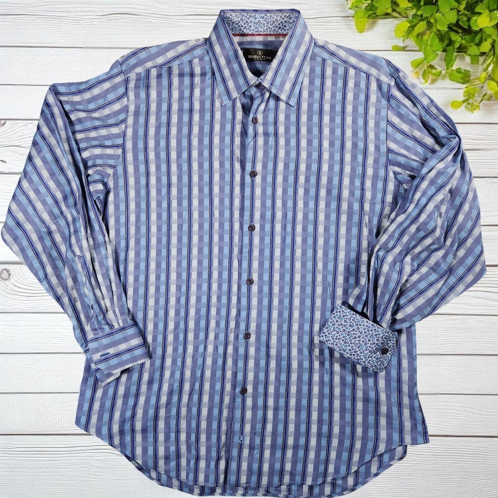 Bugatchi Uomo Mens Large Blue Check Stripe Long Sleeve Button Up Flip Cuff Shirt